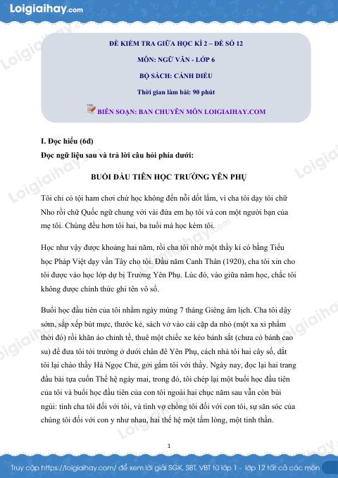 Đề thi giữa kì 2 Văn 6 Cánh diều - Đề số 12